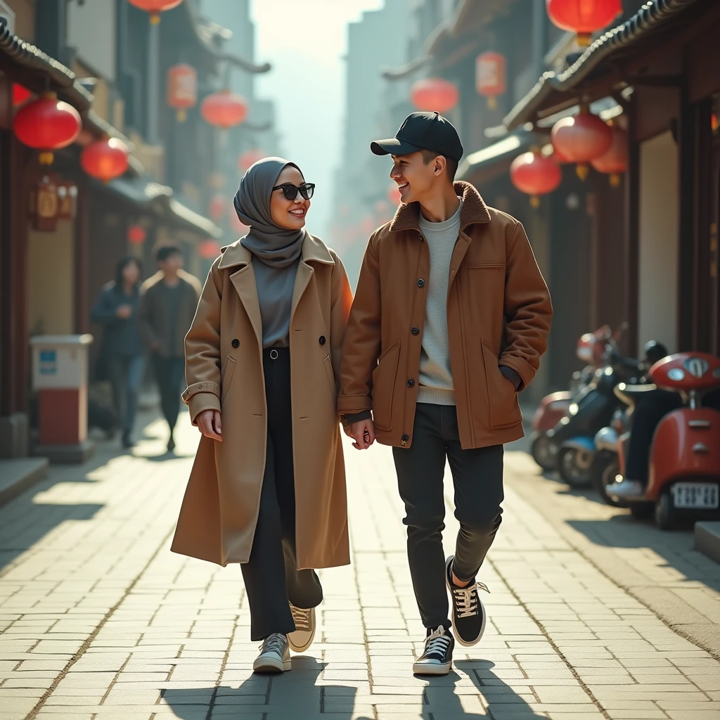 An exceptional HDR photograph capturing a radiant Korean couple walking separately, each showcasing their unique sense of style. The woman is elegantly dressed in a modern hijab and fashionable Muslim attire, while the man looks trendy in a snapback, a stylish brown jacket, and fashionable sneakers. Their bright smiles illuminate the frame, drawing the viewer's attention. Captured from a high vantage point and using a low angle, this high-quality image masterfully blends fashion, joy, and a touch of ukiyo-e and portrait photography influences into a stunning composition., photo, ukiyo-e, portrait photographyUHD, High Details, High Quality, Fujicolor, Hyperdetailed, 