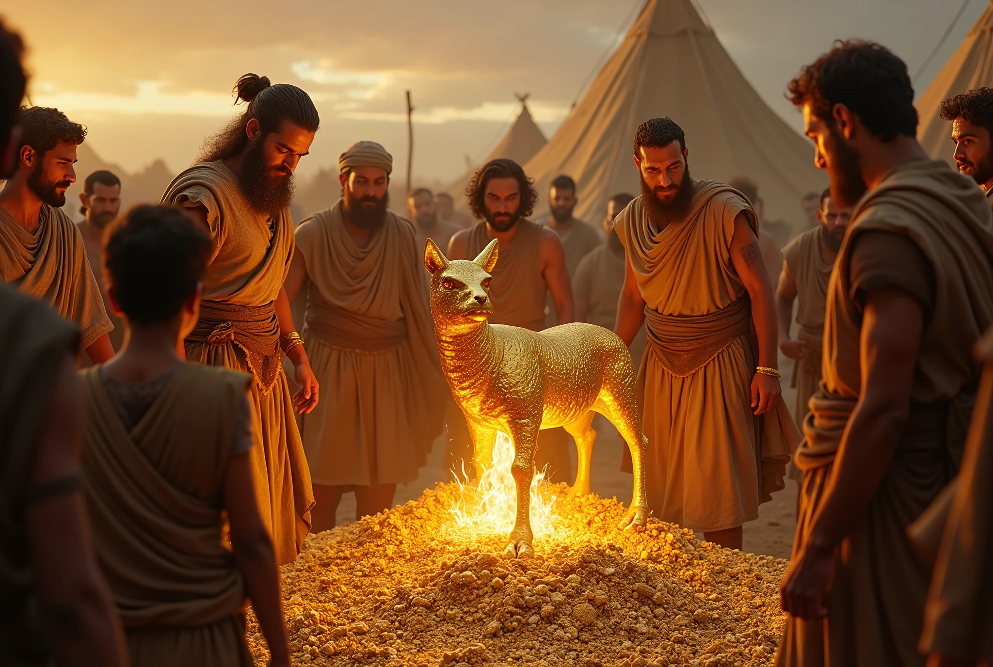 "A scene in the Hebrew camp in the desert, with Aaron in the spotlight, concentrated as he fashions the golden calf. He is surrounded by eager and impatient Hebrews, who hand over their golden jewelry and earrings to be cast. The golden calf, still in formation, begins to take shape under Aaron's hands, shining in the light of the flames that melt the gold. The atmosphere is tense, with expressions of expectation and reverence on the faces of the Hebrews, while the idol begins to emerge. The arid desert and the tents of the camp complete the scene, symbolizing the atmosphere of despair and spiritual abandonment."