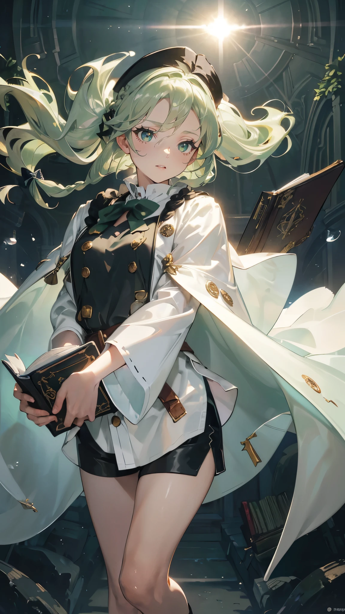 masterpiece, ultra detailed, 8k portrait, RAW photo, portrait photography, highly detailed face, beautiful and meticulous eyes, ((Fantasy)), Young beautiful, 2, (((drooping eyes))), dynamic pose, (((Medium wavy light green hair))), ((braided twin tail)), parted bangs, White skin color, Luxury, (((black mortarboard cap))), (((white silk long cloak))) fluttering in the wind, (((many buttons Shirt dress))), (((black shorts))), high cut leather boots, ((holding magic book)), Midday Sun, hyper realistic, Body model, Small breasts, Beautiful breasts, Long legs, in the castle, Ambient lighting, Shadow details , Camera focus on thigh, strong breeze, Light fog