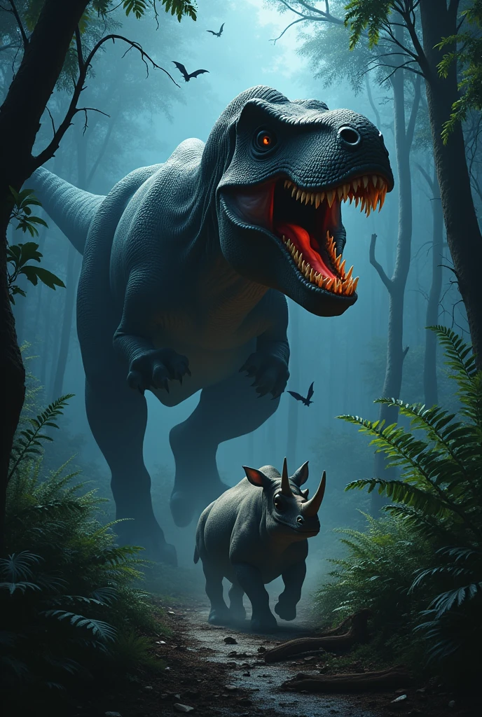 frightful Tiranossauro Rex perseguindo um rinoceronte na floresta africana de noite. Bats flying. Terror. frightful. fear.