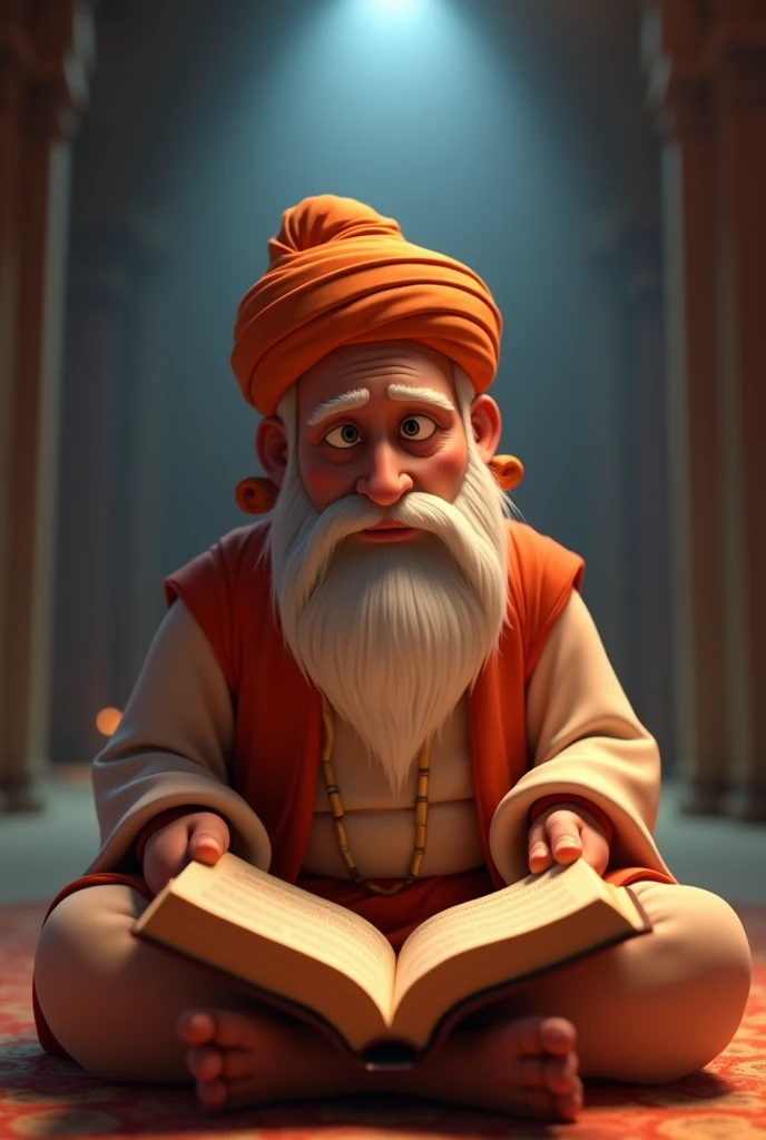 Generate a cinematic 3D cartoon style Pandit in Thought: The pandit deep in thought, with the granth open in front of him, a look of concern on his face. YouTube full video ratio