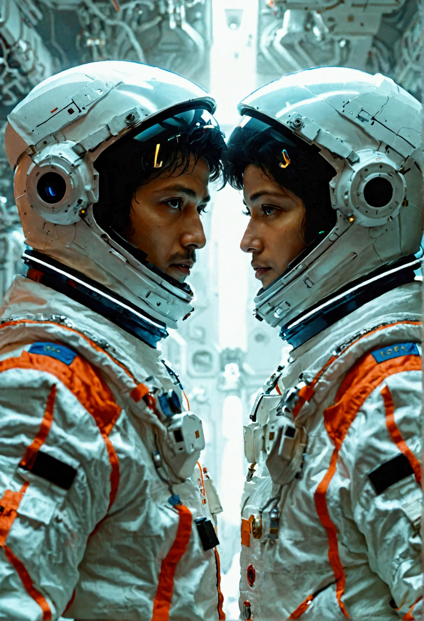 Cyberpunk vision, 1Astronaut, wearing white ISRO space jackets, holding the space helmet.