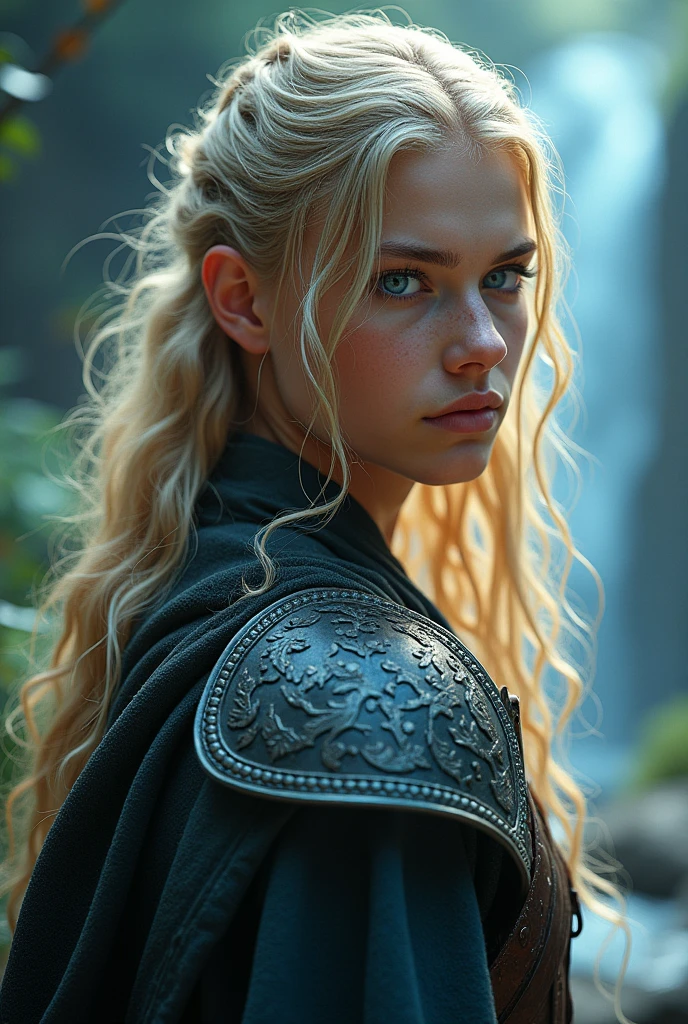Boy around 18, ((( blue + black outfit) Norse warriors clothes,long blond hair, detailed face, detailed blue beautiful eyes, traditional Norse outfit, feminine features face(intricate:1.3), (arcane aura:1.2), (dreamlike:1.3), (subtle mist:1.1),(vibrant colors:1.2), (detailed hair:1.3), (ultra realistic details:1.5)