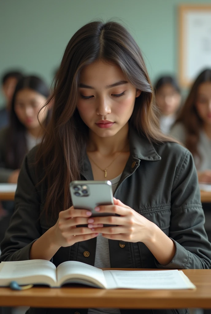 a very rich white teenage girl playing with an iphone 15 plus in class