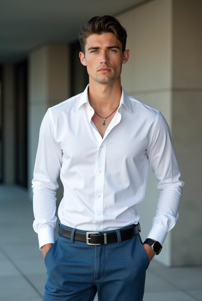 A rich boy who looks very handsome age of 20 full image clothe colour blue jeans white shirt and black luxury watch in hand