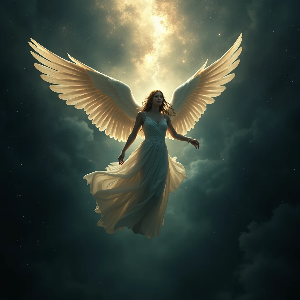 a very beautiful angel is falling from the sky and it is possible to see the galaxies and the universe, the focus is on your gaze and hatred and envy, he is not worried about the fall. dark image 
 