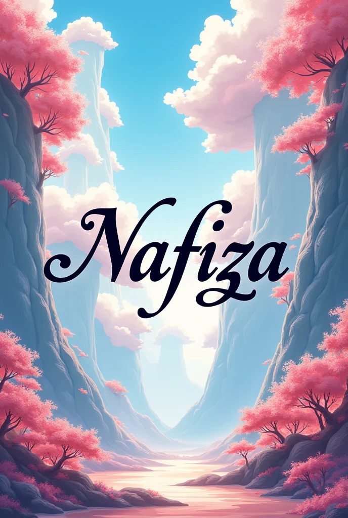 Nafiza English word calligraphy with anime design background