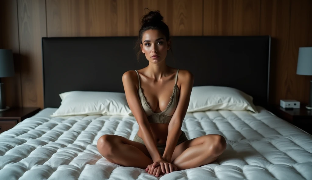 "Create an advertisement image for a spring mattress featuring a gorgeous model wearing nightwear, sitting elegantly on the full mattress. The model should be looking directly at the camera with a confident expression. The photo should embody the luxurious and high-end aesthetic of a Prada brand advertisement, with creative, moody lighting that enhances the sophisticated atmosphere. The overall composition should focus on elegance, quality, and the premium feel of both the mattress and the fashion."