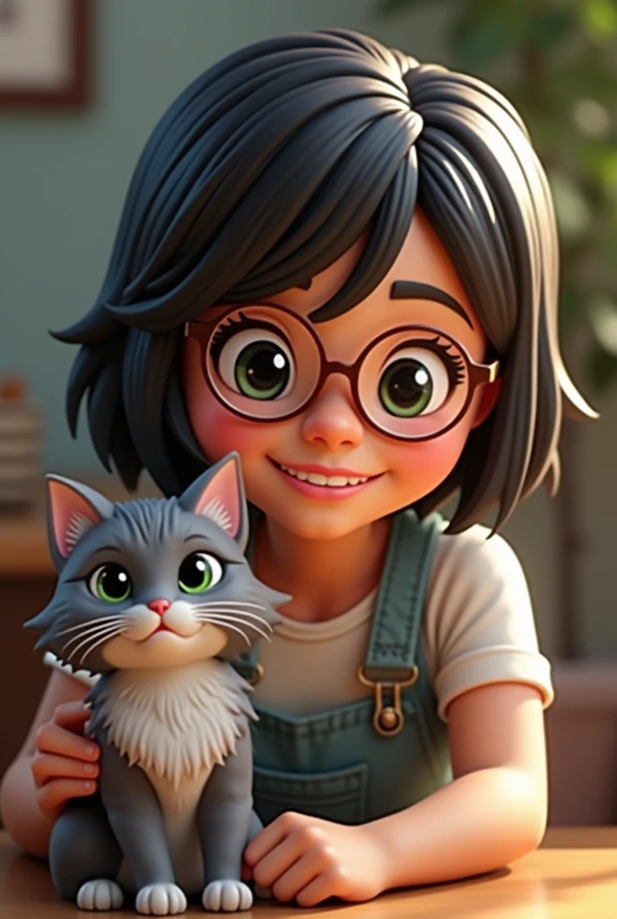 Create a young lego woman with not-so-long dark hair and light bangs, Wearing glasses , smiling with a long-haired gray cat with green eyes, Looking forward