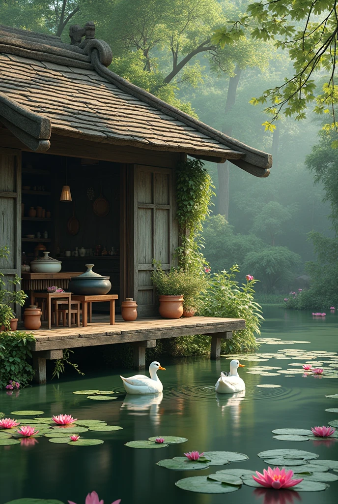 Give me a realistic photo of an old Vietnamese kitchen next to a pond of blooming water lilies with two ducks swimming.