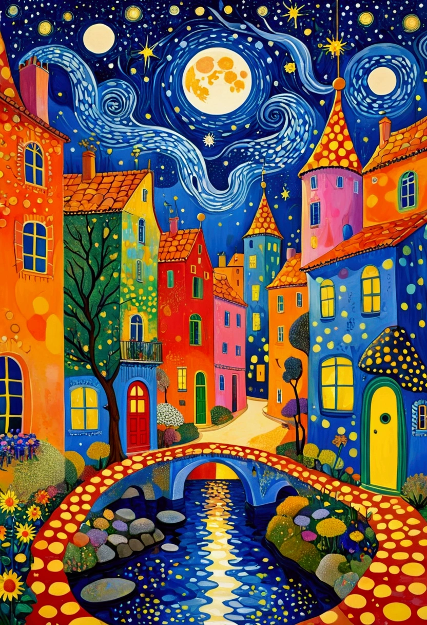 A painting depicting a night scene of a city and a full moon, author:Camille Bombois, author Jean Hey, Paul Signac (Paul Signac) of inspiration, 受到莫里斯·丹尼斯of inspiration, Inspired by Michel Delacroix, starry night, inspired author:Camille Bombois, 在starry night里, Inspired by Georges Lacombe, author Pierre Roy, Inspired by Marianne von Werefkin,inspired by Yayoi Kusama, Stanley Donwood