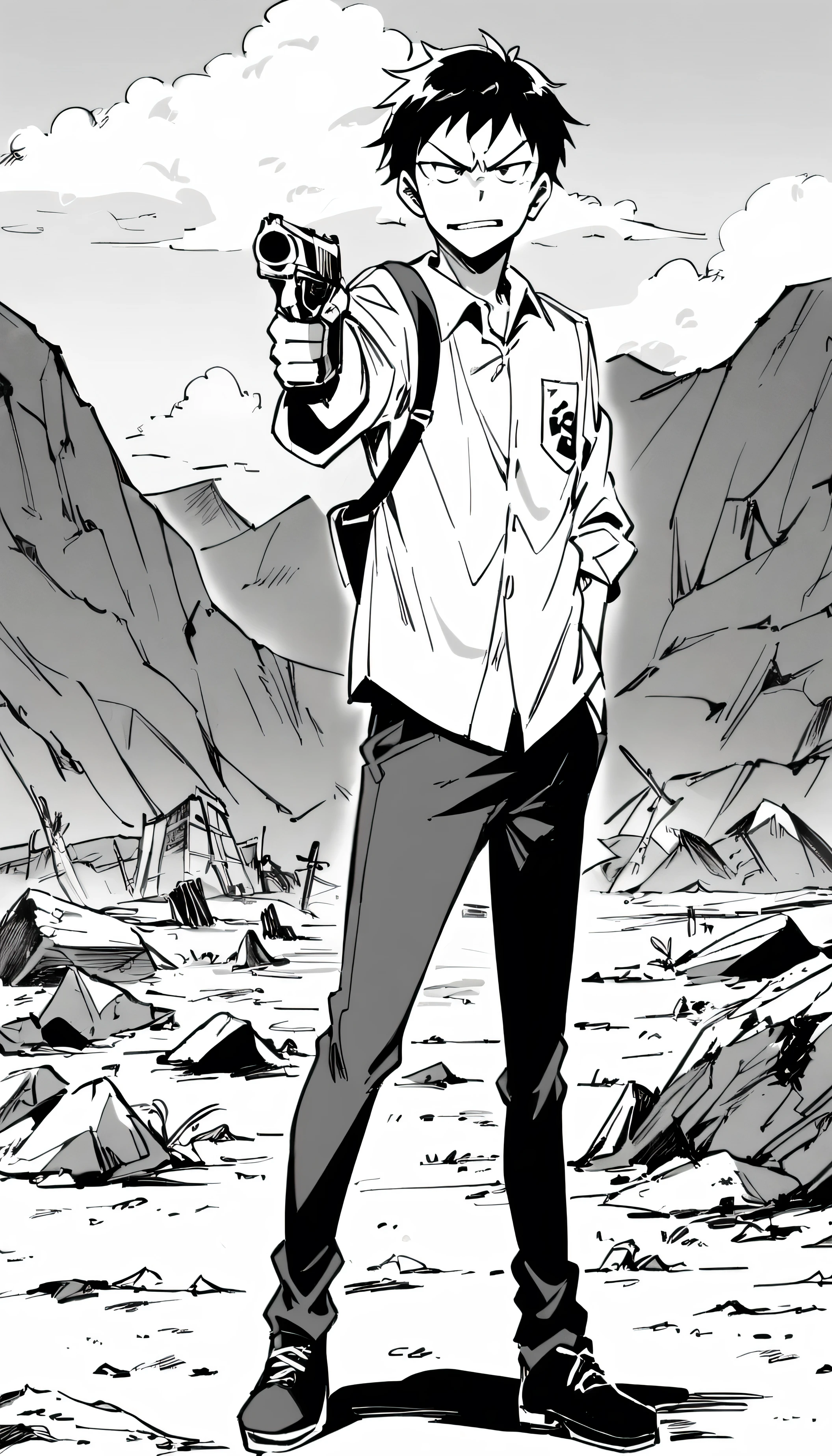 A  boy holding pistol with mocking smile looking, point his pistol at right direction, full body, indifferent look, wasteland in background, black and white manga image.