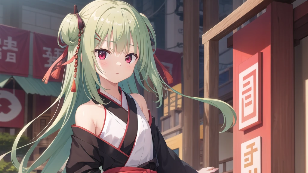 ((masterpiece)),(best quality),Official Art,Extremely detailed CG,Unity 8K wallpaper,Very detailed,Beautiful and delicate eyes,Extremely detailed face,1 girl,solitary,,(whole body:1.5),(small:1.3),Murasame,Very long hair,Green Hair,Face Up,Purple bow,hairpin,Side chains,Bangs,Red Eyes,Neck strap,Red belt,Chinese elegant style，Long-sleeved white hanfu，Dawn breaks in Jiangnan after the rain，