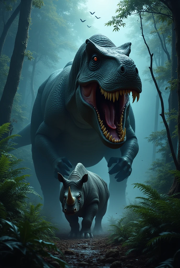 frightful Tiranossauro Rex perseguindo um rinoceronte na floresta africana de noite. Bats flying. Terror. frightful. fear.