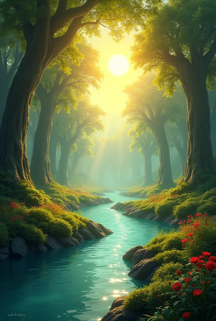 Beautiful forest with river and sun