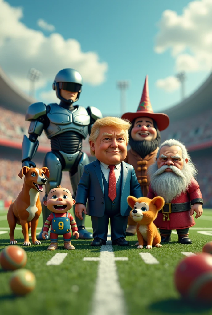 Create an image where these characters appear on an American football field:
- Robocop - Donald Trump - A Dog - Baby Bop - A Wizard - Sayayin Gotenks Fallen Transformation - Piolín - Sam Mustache - A Monkey