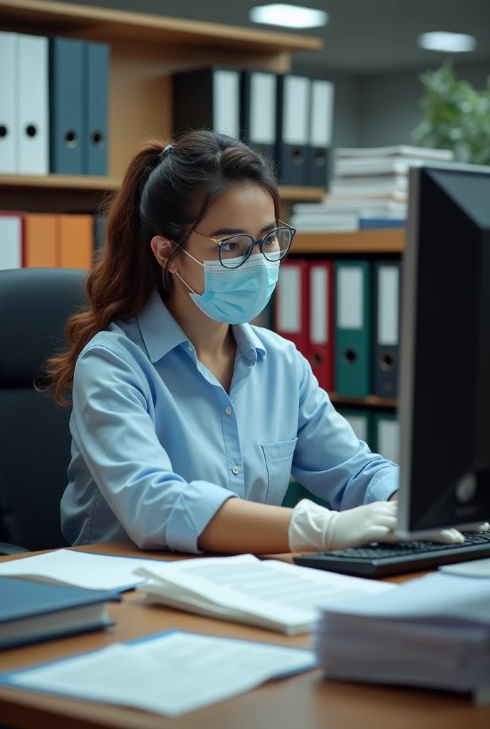 An image of someone wearing a mask and gloves in an office with a computer and files