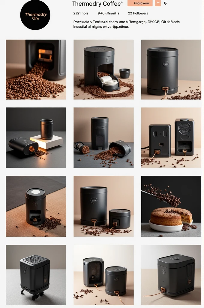 Hello, Could you make me a screenshot of an Instagram profile?, containing followers and everything else, I need to capture it with eye-catching and interactive posts about my product called ThermoDry Coffee, This is an industrial type coffee thermodryer.