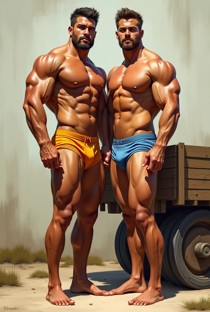 two men in swimming trunks standing next to a wooden cart, Muscular men, 2 muscular and attractive men, tall faces, athletic and beautiful, muscular bodies, body builder physique, body builder body, muscular men intertwined, exaggerated muscular physique, posing and flexing, hirsute and muscular, tall and muscular, por Dennis Ashbaugh, body builder, slightly muscular