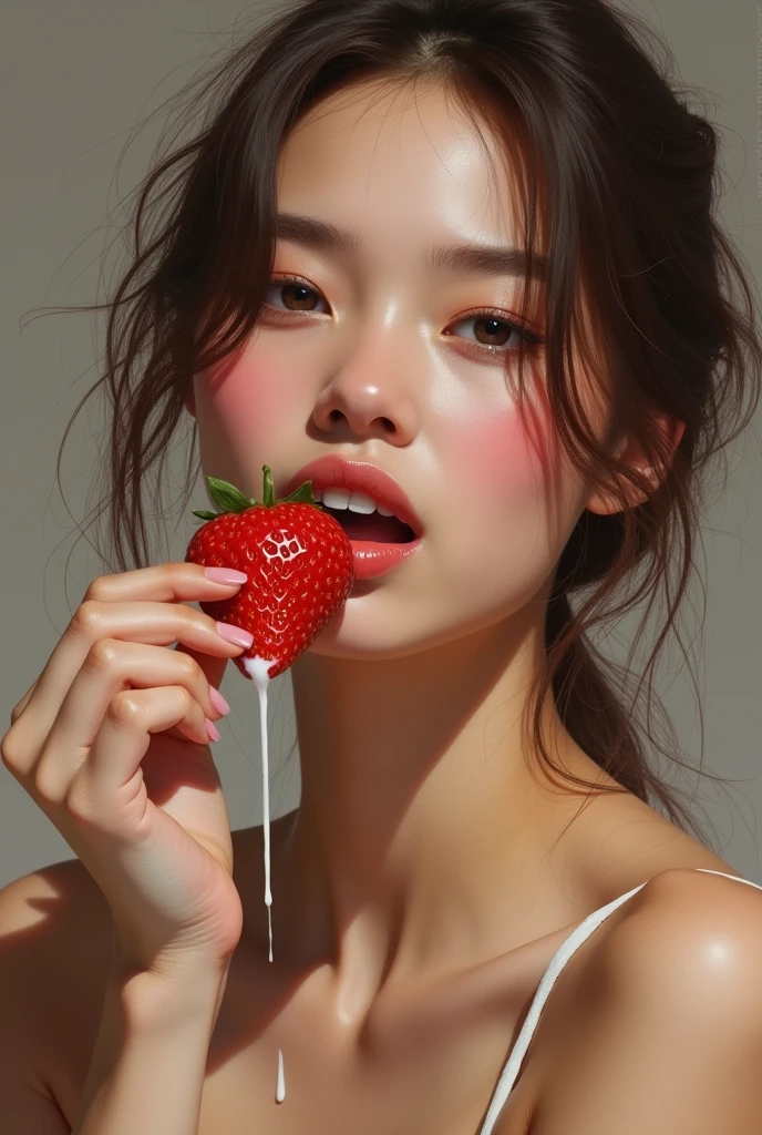 Create a painting of a sexy and beautiful young woman eating a strawberry and dripping evaporated milk from her mouth very sexy