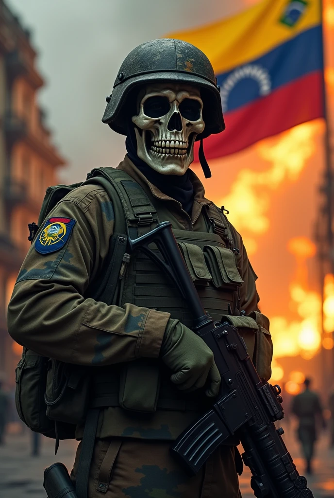 Brazilian soldier with skull mask wearing UN helmet and with a skull that is in the Venezuelan war with the Venezuelan flag on fire in the capital of Caracas.