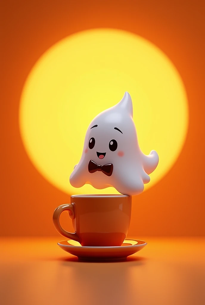 A Cute Halloween boo ghost eating coffee cup in back orange circle