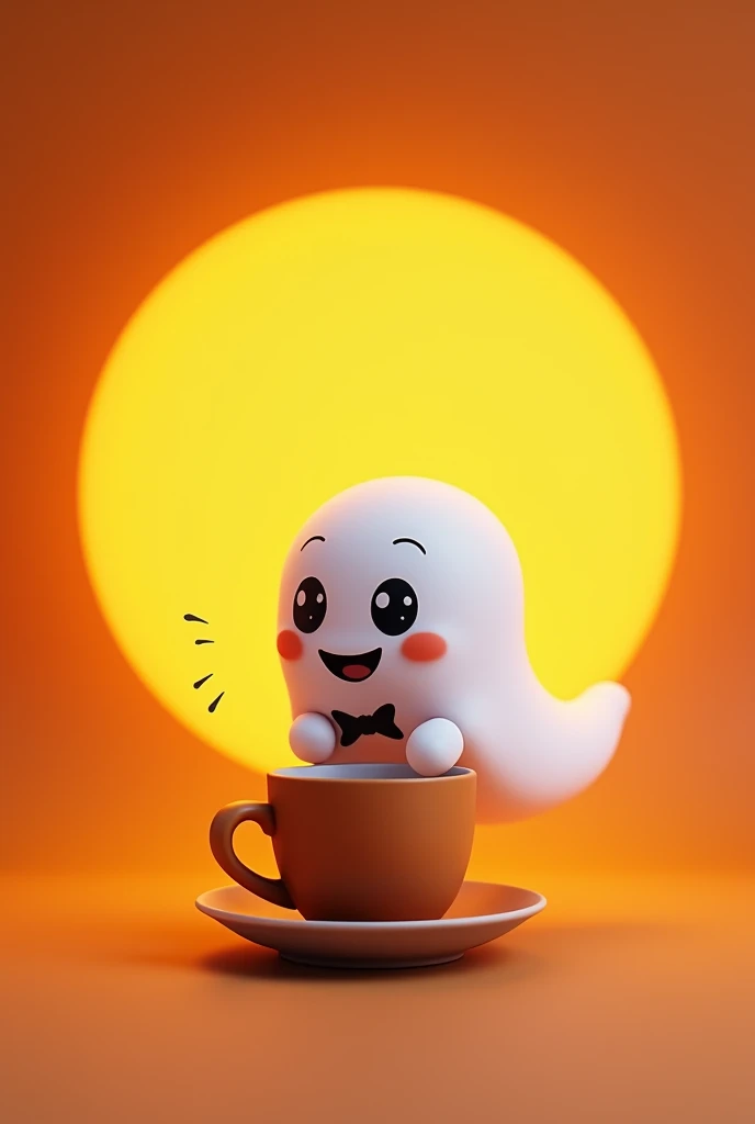 A Cute Halloween boo ghost eating coffee cup in back orange circle