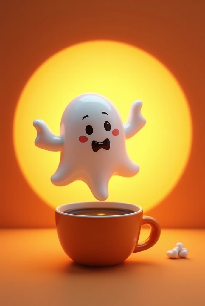 A Cute Halloween boo ghost eating coffee cup in back orange circle 