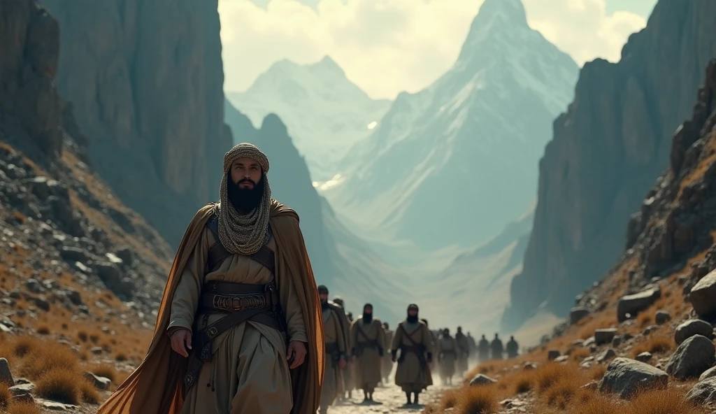 Create an ultra-realistic, epic portrayal of the historical period with Thariq bin Ziyad and his army marching through a rugged, mountainous region. The scene captures the harsh and unforgiving landscape, with towering cliffs, narrow passes, and treacherous terrain. Thariq leads his army, dressed in traditional Islamic warrior attire with a turban and armor, his expression determined and focused. His troops follow in disciplined formations, their figures silhouetted against the jagged peaks. The lighting is dramatic, with deep shadows in the valleys and occasional beams of sunlight breaking through the clouds, casting a soft, golden glow on Thariq and the surrounding mountains. Epic color grading enhances the contrast between the cool, shadowed tones of the landscape and the warm, muted highlights on the warriors, emphasizing the epic and challenging nature of their.