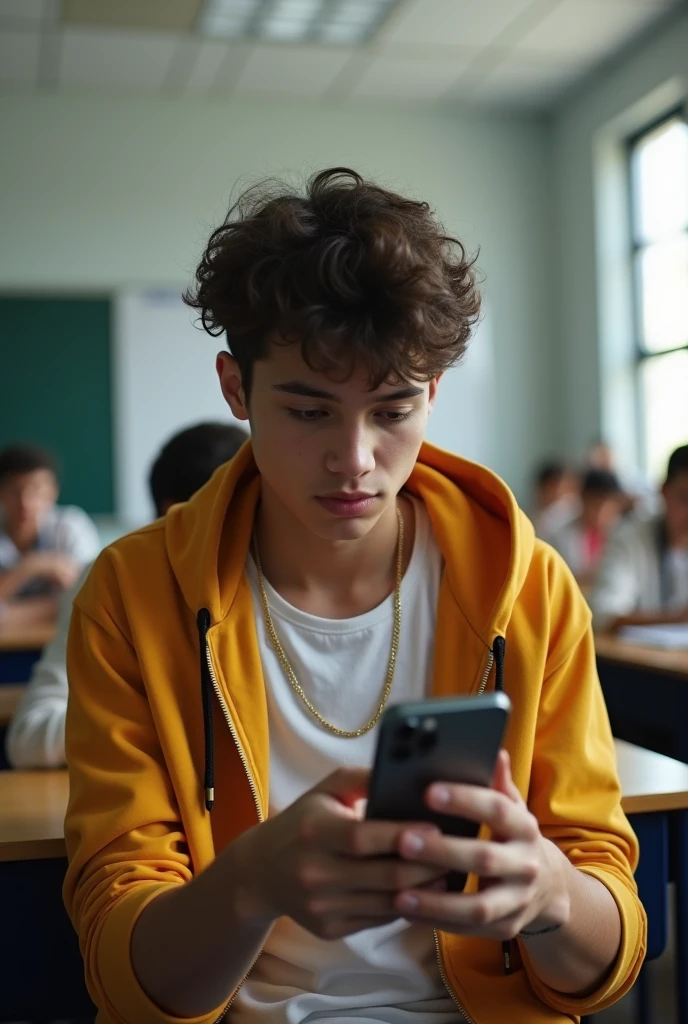 a very rich white Brazilian teenager playing with an iPhone 15 plus in the classroom
