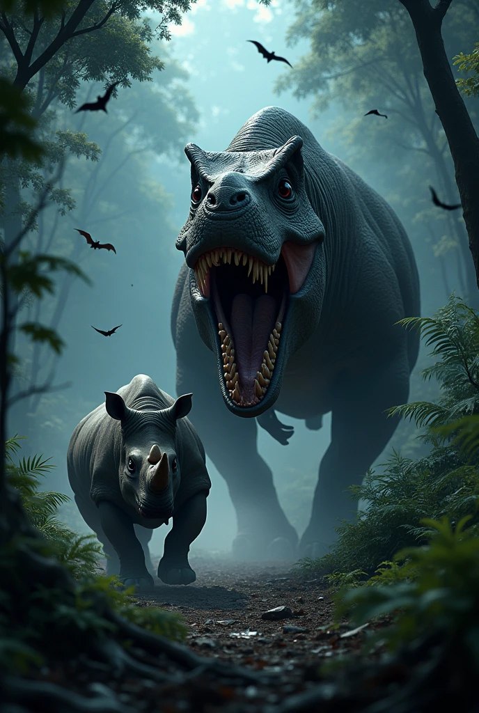 frightful Tiranossauro Rex perseguindo um rinoceronte na floresta africana de noite. Bats flying. Terror. frightful. fear.