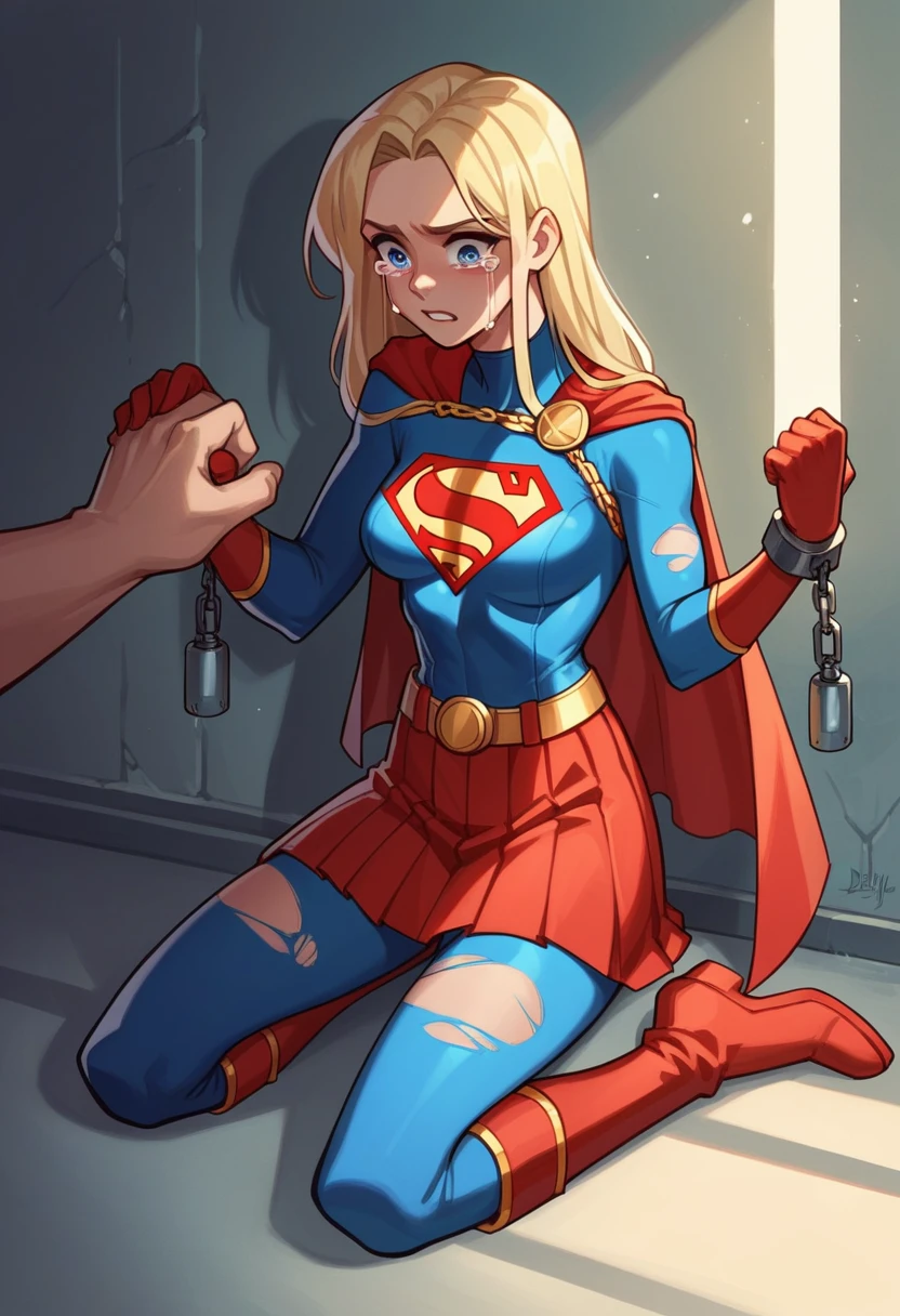 supergirl, full blue body suit, long blonde hair, red elbow gloves, red gauntlets, black tights, red boots, red skirt, gold belt, really long red cape, Prison cell, dimly lit ambiance, focus on beautiful supergirl, kneeling, chained hands, crying and begging for mercy, wearing torn suit, faint glow from single light bulb, 8K HD, spectacular lighting, digital painting, volumetric shadows, high contrast, palpable sense of despair.