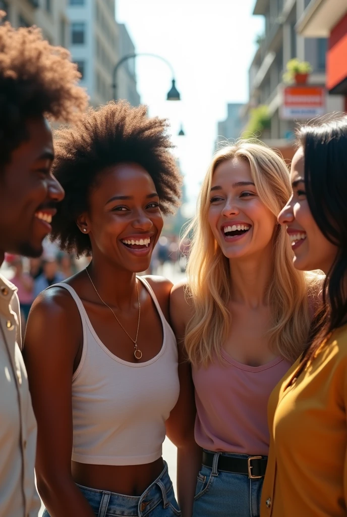 A hyper-realistic image of a group of four diverse friends in their mid-20s. The group includes one person of African descent with curly hair, one person of Asian descent with straight black hair, one person of Caucasian descent with blonde hair, and one person of Hispanic descent with wavy dark brown hair. They are all laughing together in an outdoor urban environment during the day. The faces should have natural skin textures with visible pores, slight imperfections, and realistic shadows, avoiding overly