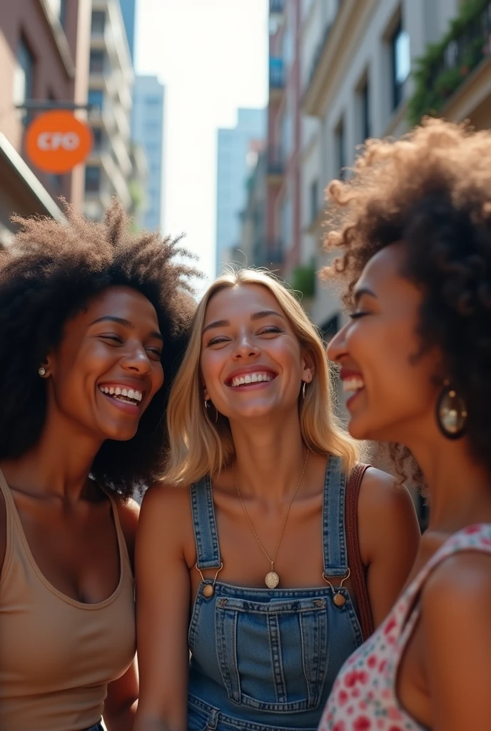 A hyper-realistic image of a group of four diverse friends in their mid-20s. The group includes one person of African descent with curly hair, one person of Asian descent with straight black hair, one person of Caucasian descent with blonde hair, and one person of Hispanic descent with wavy dark brown hair. They are all laughing together in an outdoor urban environment during the day. The faces should have natural skin textures with visible pores, slight imperfections, and realistic shadows, avoiding overly