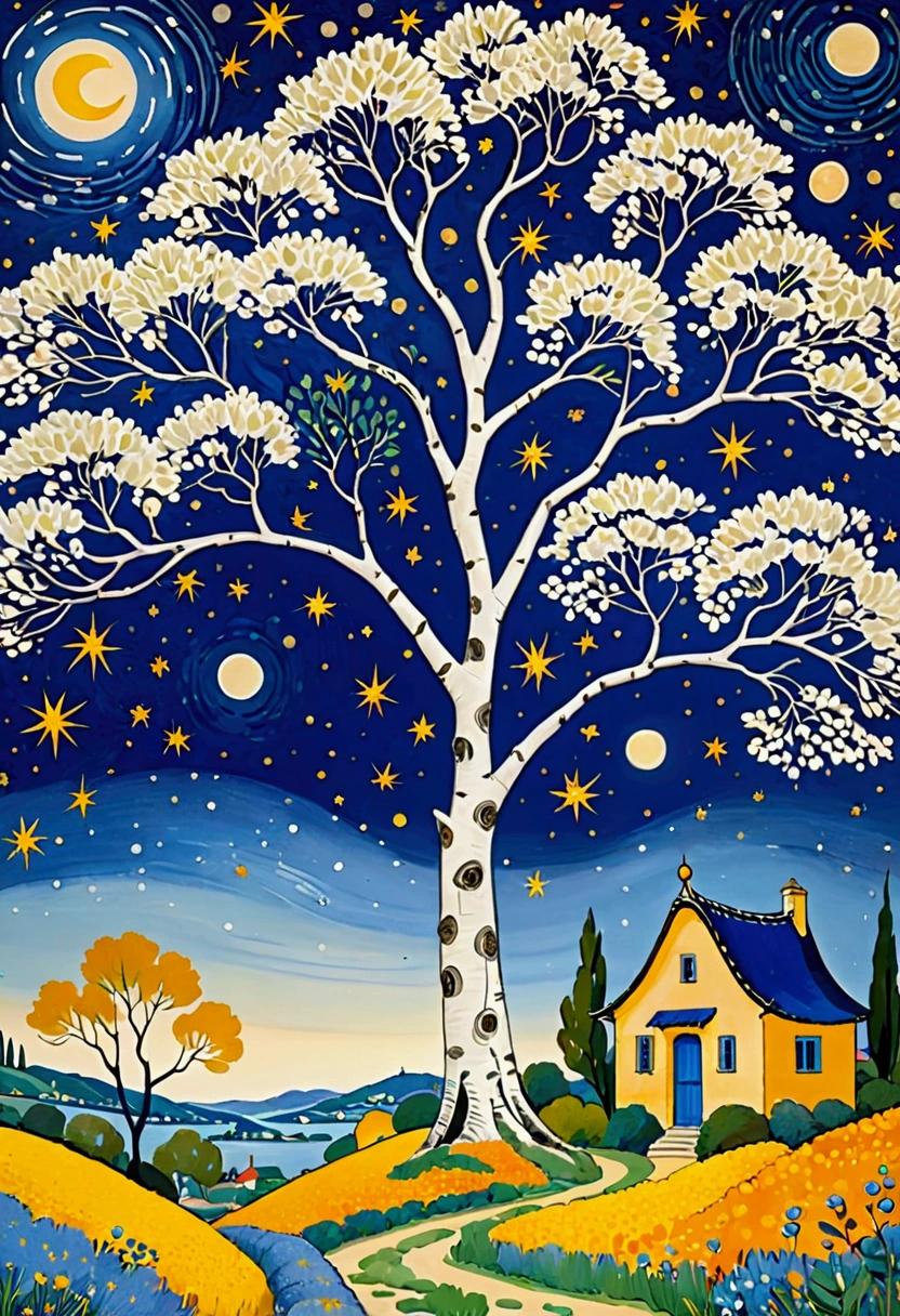 2d,flat,Cloisonne enamel,Chinese style,modern-art,Fine-brush Painting,Chinese aesthetics,Printing pattern,Color ink,Polka dot art,((Dot:1.9)),Freehand,artistic conception,Wu Guanzhong's artistic style,Minimalism,Birch tree close-up,Elegant and soft tones,author:Camille Bombois, author Jean Hey, Paul Signac (Paul Signac) of inspiration, Inspired by Maurice Denis, Inspired by Michel Delacroix, starry night, inspired author:Camille Bombois, In starry night, Inspired by Georges Lacombe, author Pierre Roy, Inspired by Marianne von Werefkin