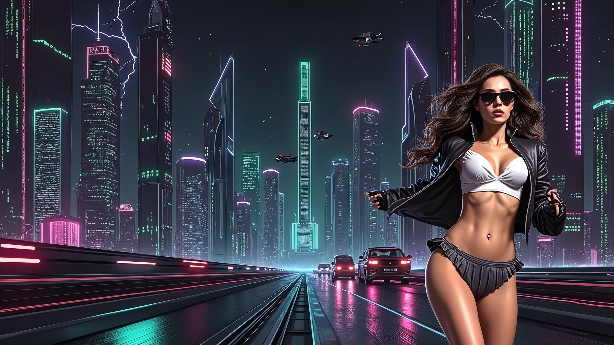 Matrix inspired futuristic cityscapes with colorful all-glass outlined towering skyscrapers with lightning, flying vehicle. High-resolution OLED GUI interfaces in the building, The windows are filled with transparent data visualization infographics that show it all, close-up green glowing cascading code. Colors are saturated and vibrant. At night, (1girl, solo, alone), photorealistic, large-breast slim:0.6 body, oval:0.5 face, cleavage:1.1, very low angle view of pleated miniskirt, deep-v, (???????), glove, (Matrix style black micro sunglasses), (aiming viewer with a short gun), dynamic running pose, ((half-body thigh level close-up shot)), cinematic lighting, ray tracing, motion blur background.