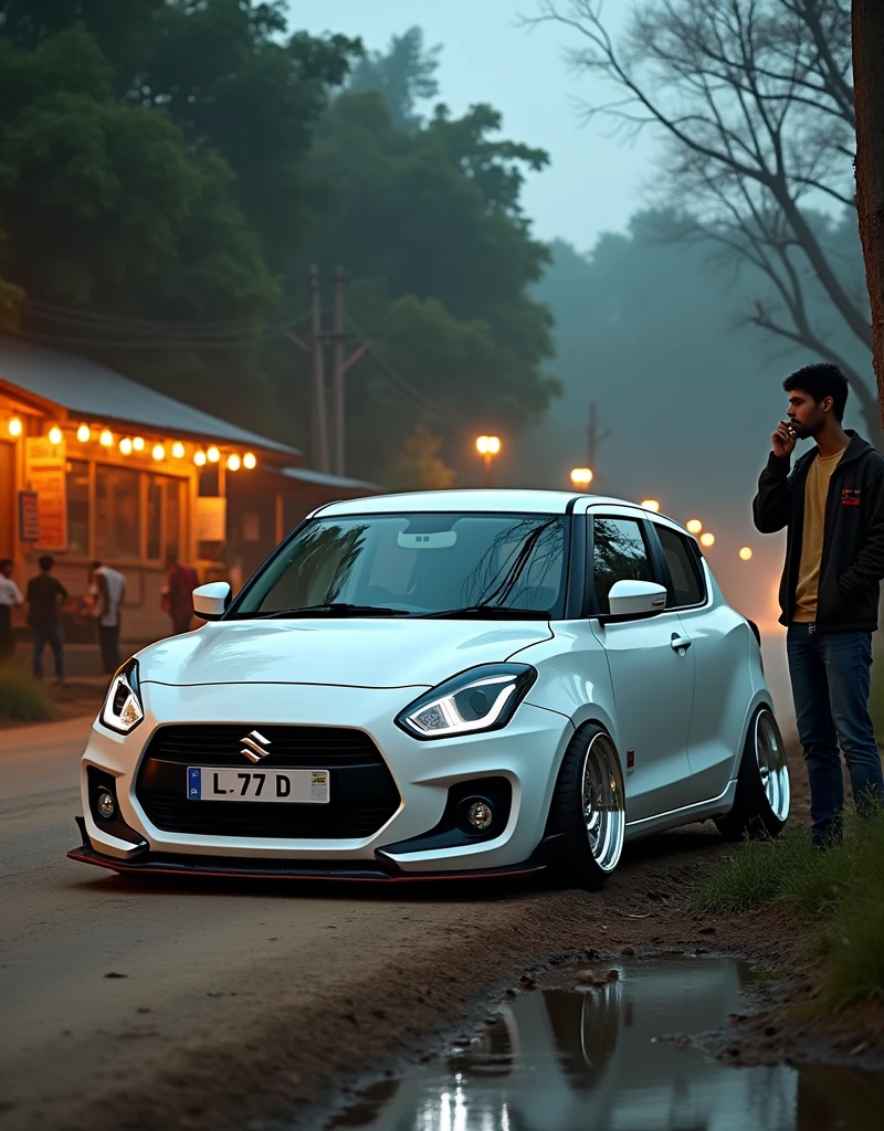 a maruthi suzuki swift white colour modified alloy lower body. the car number plate is KL 77 D 7and a man smoking in road side in village road a warm street light and a mudd road evening and sunrise a pond in road side a small village tea shop