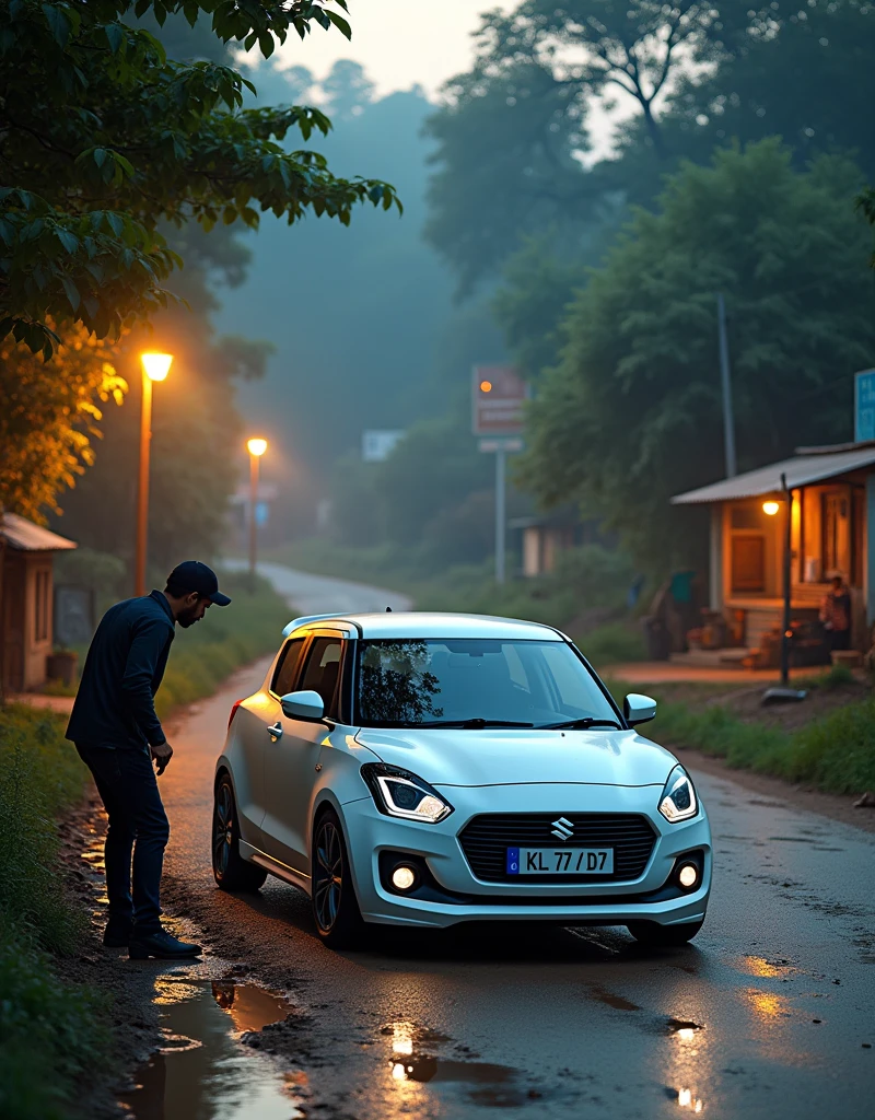 a maruthi suzuki swift white colour modified alloy lower body. the car number plate is KL 77 D 7and a man smoking in road side in village road a warm street light and a mudd road  evening and sunrise a pond in road side a small village tea shop 