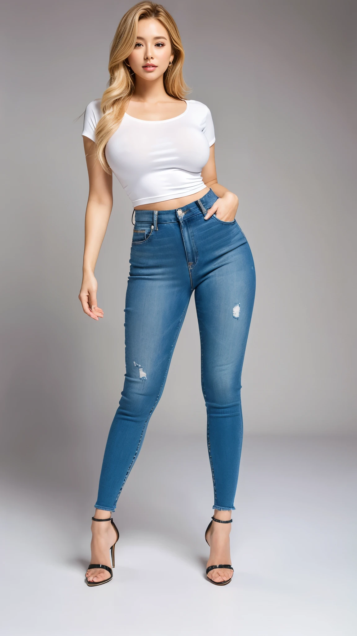A sexy korean woman, long flowy blonde hair, glossy lips, plump body, long legs, heavy breasts, giant breasts, huge breasts, massive breasts, juicy breasts, succulent breasts, enormous breasts, braless, wearing casual white tight shirt with rounded-neck jersey short-sleeve, pink legging pants, high heels, stilettos, full body, standing on the floor, detailed body, at photo studio, white backdrop, dynamic light, 8K, masterpiece, ultra detailed, professional studio lighting.