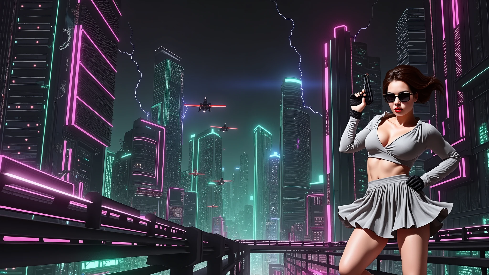 Matrix inspired futuristic cityscapes with colorful all-glass outlined towering skyscrapers with lightning, flying vehicle. High-resolution OLED GUI interfaces in the building, The windows are filled with transparent data visualization infographics that show it all, close-up green glowing cascading code. Colors are saturated and vibrant. At night, (1girl, solo, alone), photorealistic, large-breast slim:0.6 body, oval:0.5 face, cleavage:1.1, very low angle view of pleated miniskirt, deep-v, (upskirt), glove, (Matrix style black micro sunglasses), (aiming viewer with a short gun), dynamic running pose, ((half-body thigh level close-up shot)), cinematic lighting, ray tracing, motion blur background.