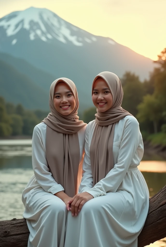 A stunning 8K photograph of a 2 Indonesian woman with long hijab, flowing hijab and a flawless physique. She is dressed casually white linen in a stylish dress, sitting on a tree by a river as she enjoys the refreshing water. Her expressive smile invites the viewer into the scene, while the sun sets behind her, casting warm orange hues across the cold mountain landscape. The crisp, high-resolution detail captures the beauty of nature and the woman in perfect harmony, with expertly applied light effects and digital graphics that elevate the cinematic quality of the image.