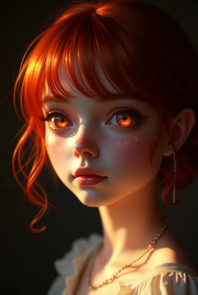 1 girl, star eye, blush, perfect lighting, Red hair, Eyes red, engine unreal, side lighting, face detailed, bangss, shining skin, simple background, darkness background