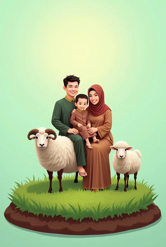 A family, each dressed in simple Muslim clothing, riding a sheep.. Indonesian people. Eid al-Adha. transparent background. Fresh green shades. facing the camera. Sheep standing on a circle of grass and a layer of soil on the edge