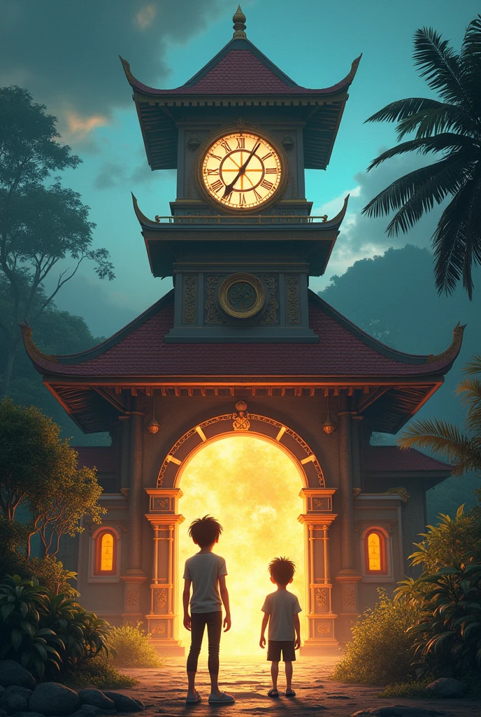  Littl Boy and r Time traveler with Indonesian City House on the front with Portal and giant Clock