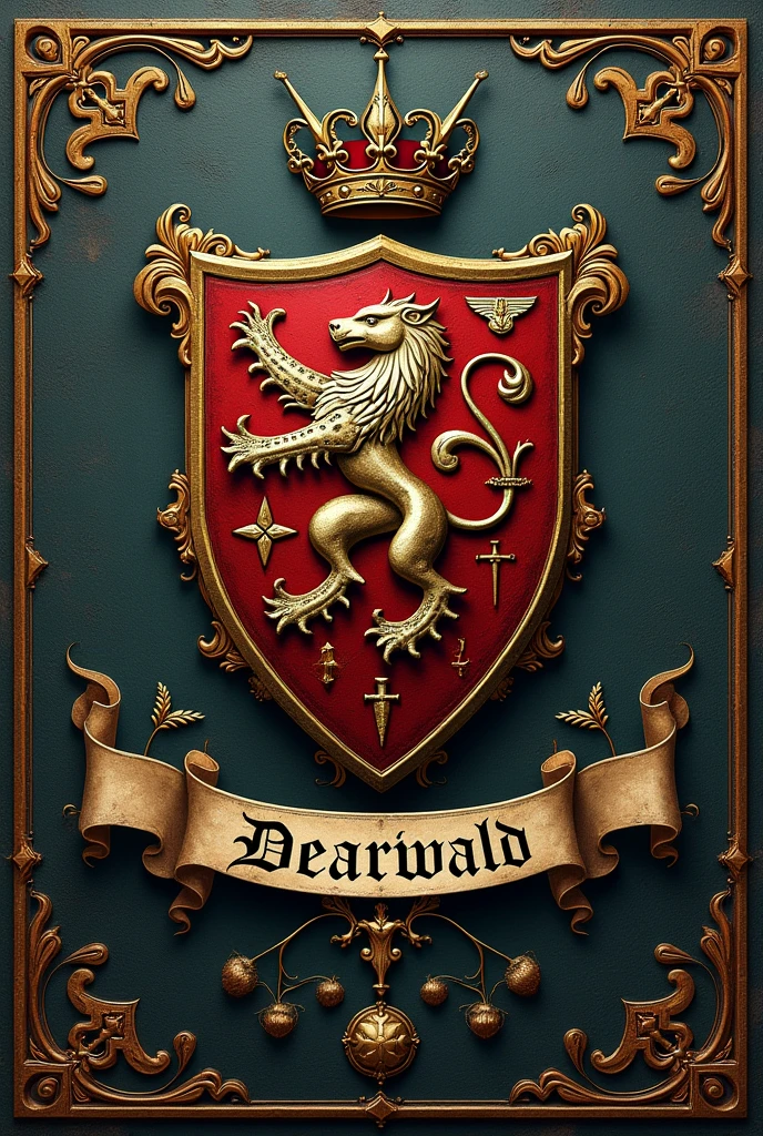 Créé un blason pour la dynastie Dearwald. C'est une puissante famille de sorciers composés d'intellectuels nés au Royaume-Uni. Ils possèdent également le titre de comte du Norfolk. Le nom Dearwald doit apparaître sous le blason dans une banderole. Pas de visage humain sur le blason.
