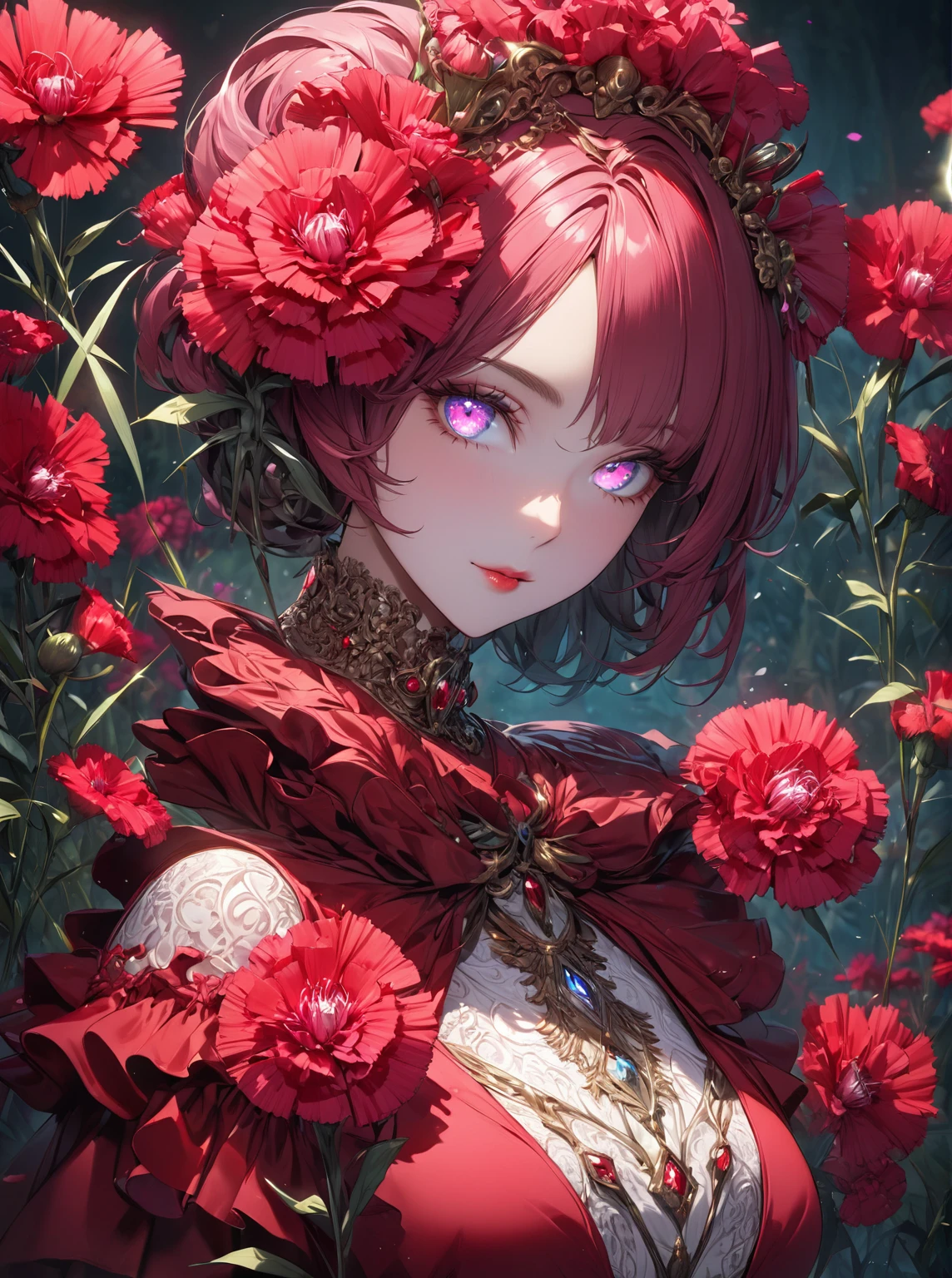 Ultra high resolution, rich colors, perfect image, best quality, beautiful women, glowing skin, skin and clothing texture, delicate eyes, anthropomorphic, flowers, dianthus