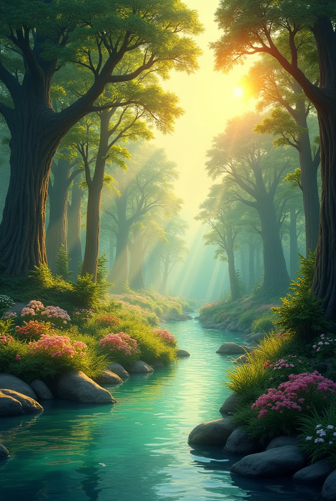 Beautiful forest with river and sun