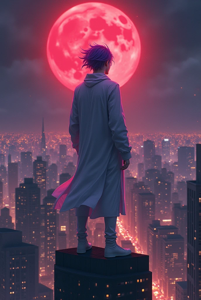 A 2 meter tall man with messy purple hair and shining eye and white skin atop a tall building at night atop a bustling city starring at a red moon