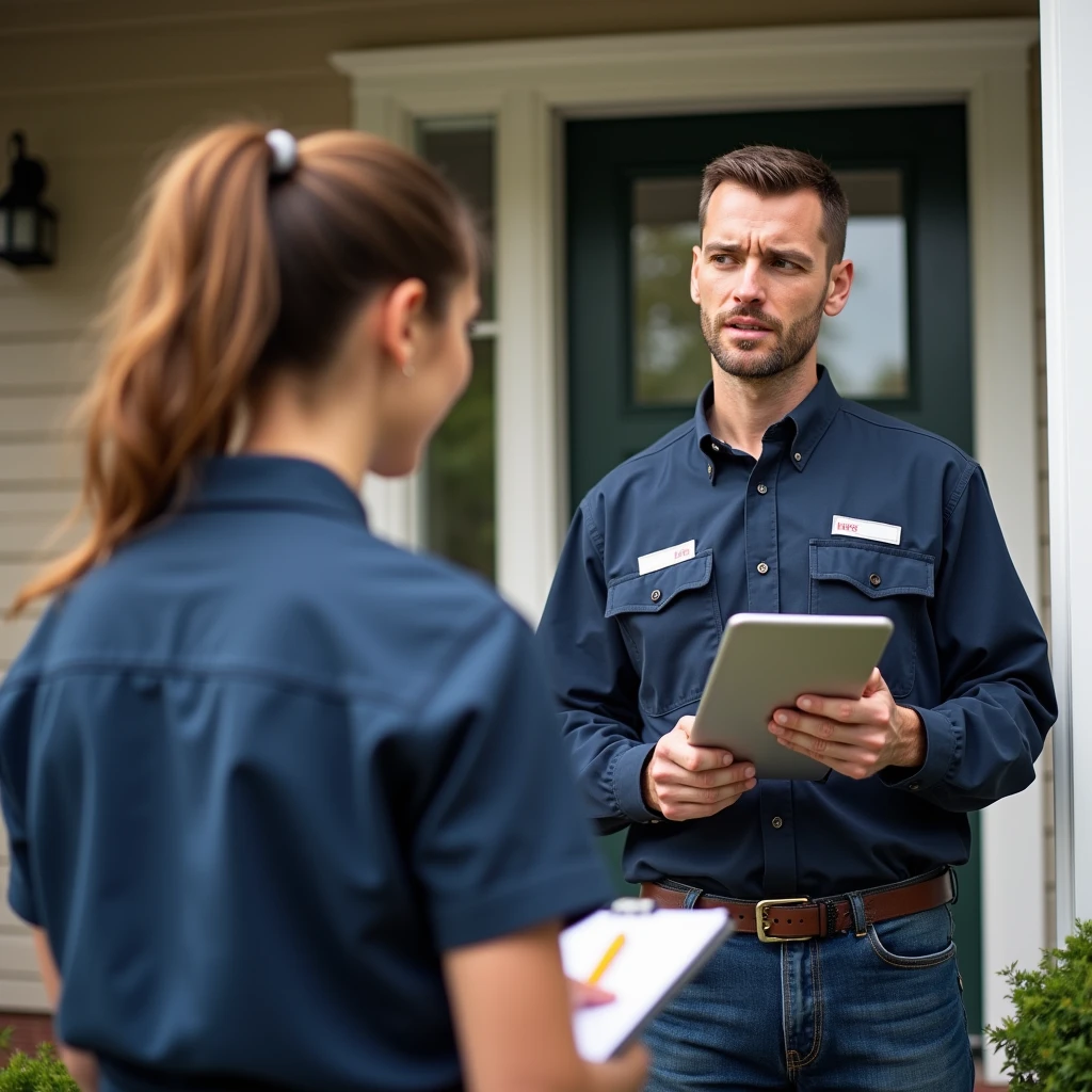 The image should capture a professional technician conducting an on-site measurement and consultation for entry door installation. The technician, dressed in a branded uniform and carrying a measuring tape, should be shown discussing options with a homeowner or client. The setting should be in front of an entry door, highlighting the technician’s attention to detail and expertise. Include tools like a notepad or tablet for taking measurements and notes. The background should be a residential or commercial property where the consultation is taking place, emphasizing a clean, organized, and professional environment. The image should convey a sense of thoroughness and personalized service, showcasing the technician’s commitment to providing expert advice and accurate measurements.