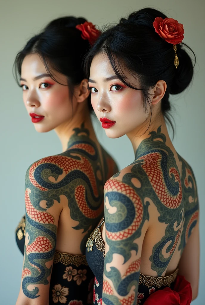 There are neat mature Japanese women with tattoos on their backs, tattoos inspired by Ukiyo-e, Utamaro Kitagawa, Nobuyoshi Araki, Riyoko Ikeda, Maya Takamura, geisha tattoos, rising dragons on the body、Bold Pose